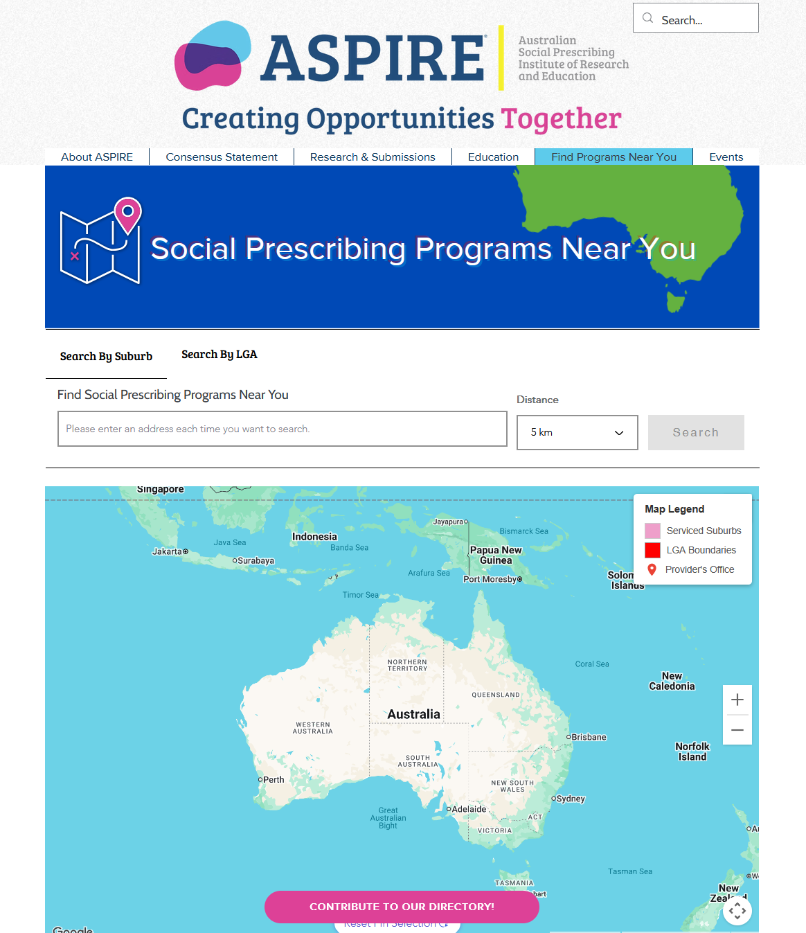 Interactive national social prescribing service directory showing provider locations across Australia